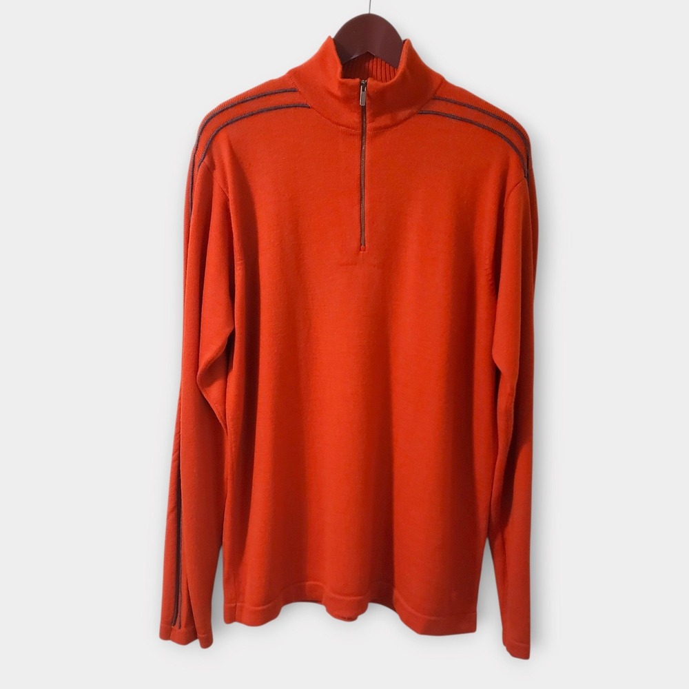 Smartwool Mens Large Orange 100% Merino Wool 1/4 Zip Pullover Sweater Stripes